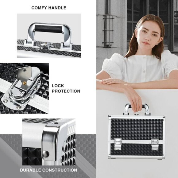 New 11.8In Shiny Black Makeup Case, 3-Tray Lockable Organizer with Mirror & Lid - Picture 5 of 6